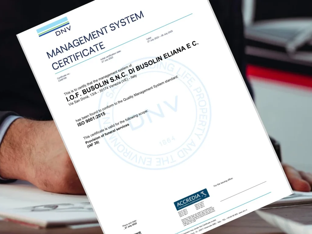 La certificazione di Qualità ISO 9001 nei Servizi Funebri della IOF BUSOLIN